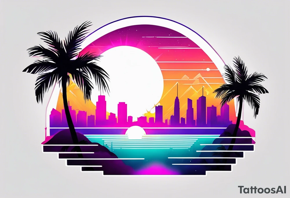 synthwave sun tattoo with palm trees and skyscrapers tattoo idea