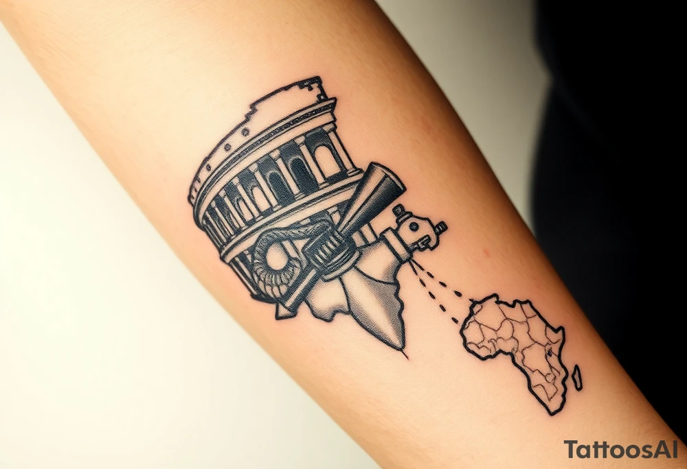 Imaginez un tatouage ou ont peut voir des éléments architecturaux de Rome, comme le Colisée, un gladiateur  Enfin, dans le coin inférieur de l'image une carte de la centre Afrique et la grenade  de la cavalerie tattoo idea
