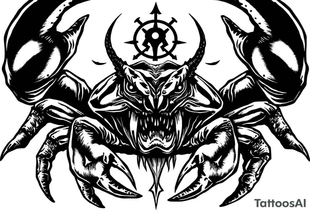 An angry crab with an angry unnatural face its claws scary with a zodiac symbol prominent and has extra long legs and big etes tattoo idea