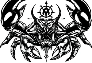An angry crab with an angry unnatural face its claws scary with a zodiac symbol prominent and has extra long legs and big etes tattoo idea