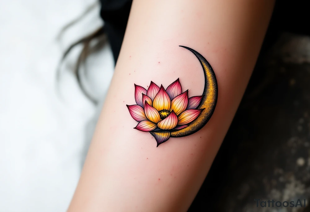 tiny colorful crescent moon with lotus flower tattoo idea