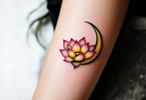 tiny colorful crescent moon with lotus flower tattoo idea