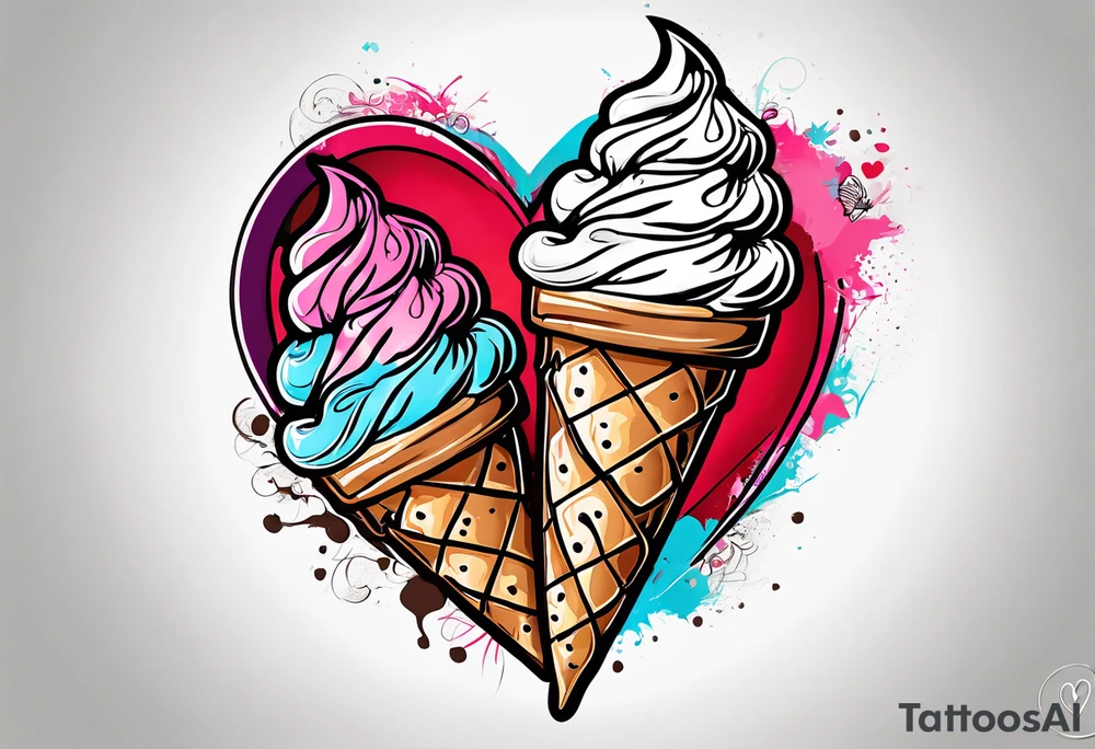 sketch chocolate chip ice cream cone with one red heart tattoo idea