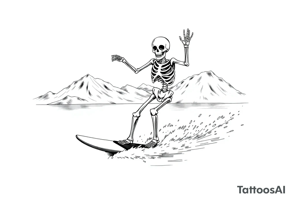 skeleton wakeboarding on lake, holding onto wakeboard handle with one han, other hand in the air, 
mountains in the background tattoo idea