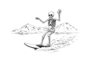 skeleton wakeboarding on lake, holding onto wakeboard handle with one han, other hand in the air, 
mountains in the background tattoo idea