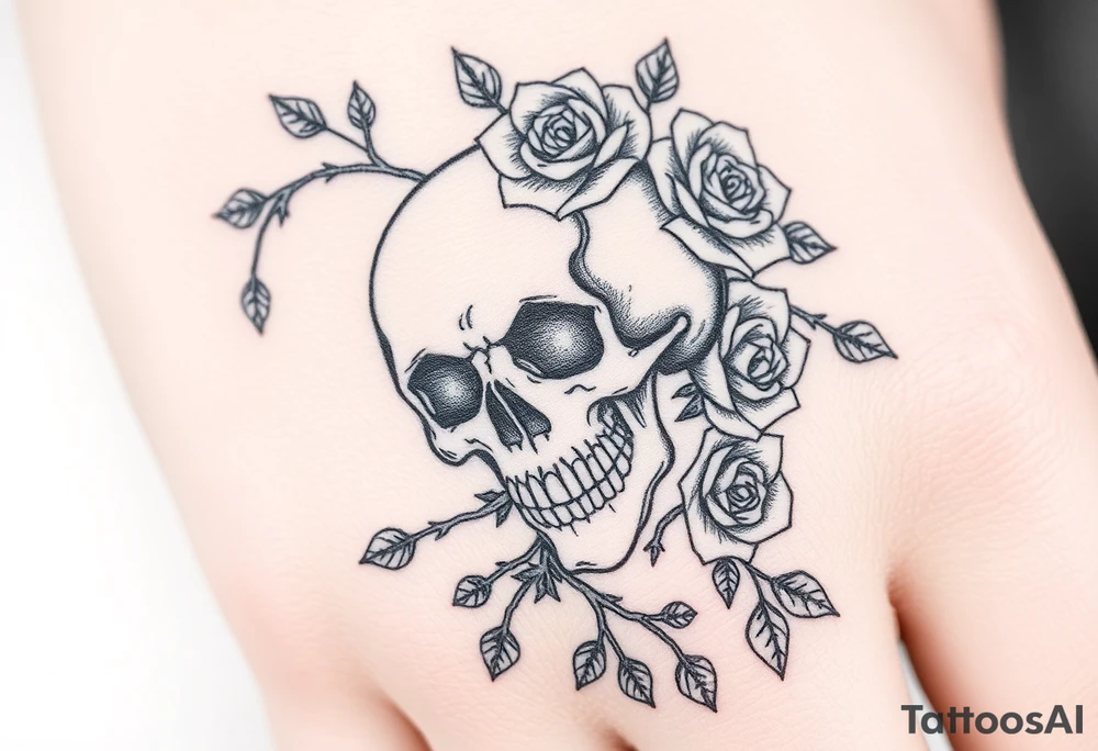 gothic skull intertwined with climbing roses and thorny vines tattoo idea