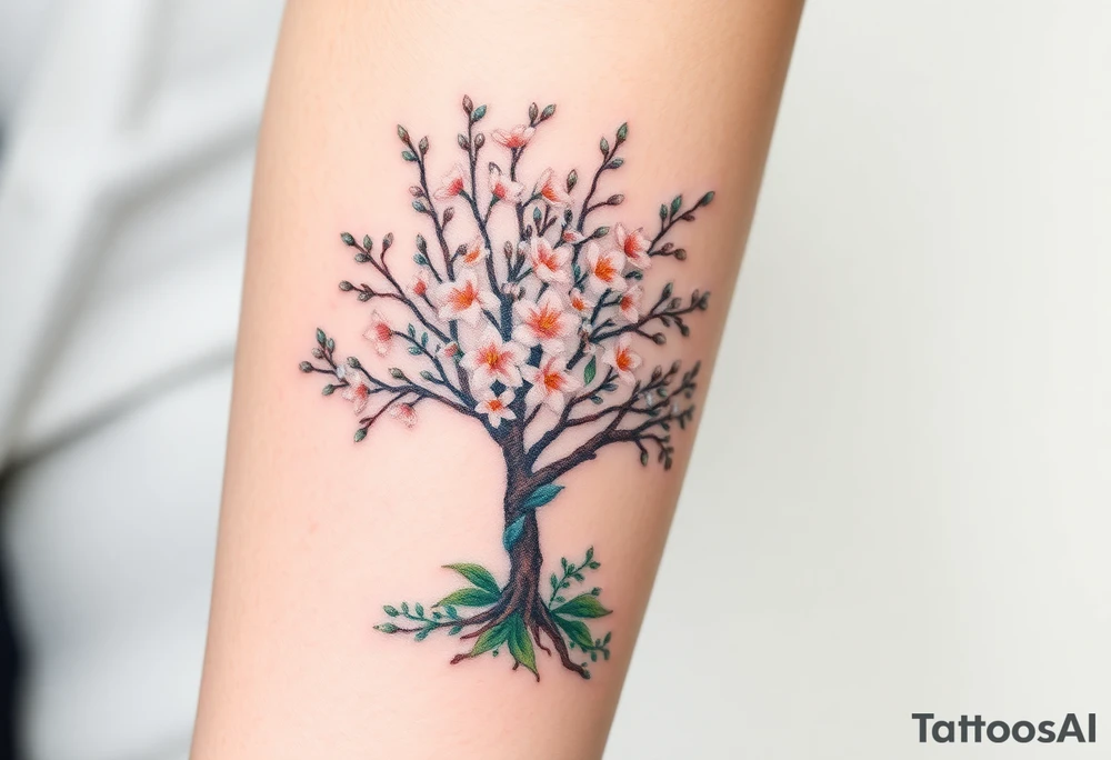 Flowering Hawthorn tree with  lillys planted on the ground tattoo idea