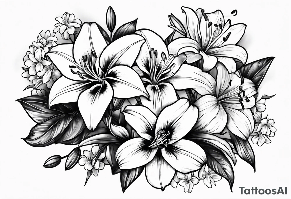 lily, marigold, cosmo, and aster tattoo idea