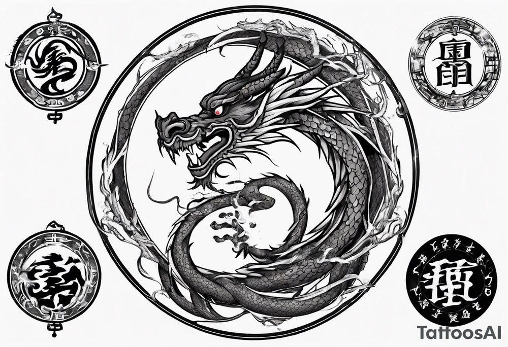 Chinese dragon in a circular shape with "02.03" written on its skin tattoo idea