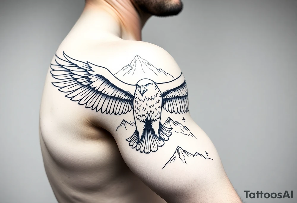 majestic eagle spreading wings against mountain peaks tattoo idea