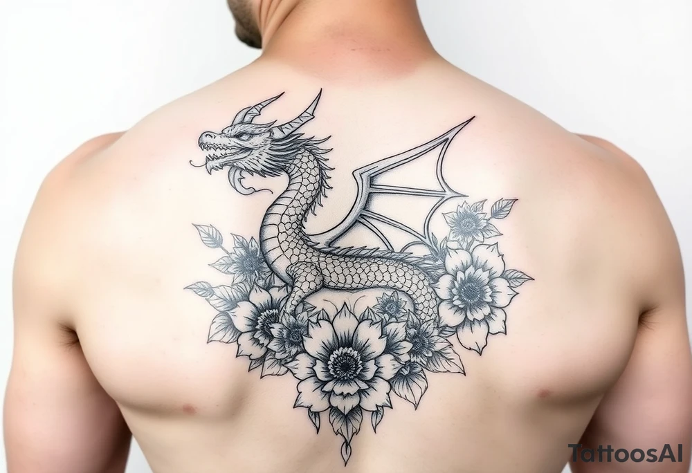 femanine dragon surrounded by floral tattoo idea