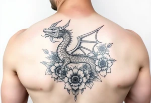 femanine dragon surrounded by floral tattoo idea