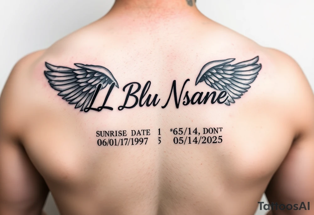 A forearm tattoo that says LL Blu Nsane in cursive writing with angel wings around the words and a sunrise date of 06/01/1997 and a sunset date of 05/14/2025 tattoo idea