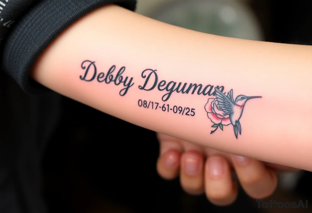 Tattoo of the exact name Debby Deguzman in chunky curly cursive with the exact dates of 08/17/61-05/29/25 surrounded by 1 hummingbird and 1 rose tattoo idea