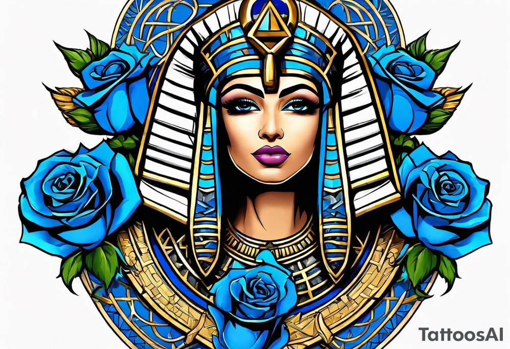 Isis Goddess Tattoo  frame blue roses, ankh , background egypt pyramid tattoo idea