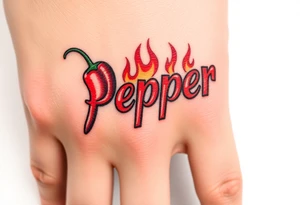 Chili pepper and fire lettering says Pepper Boy tattoo idea