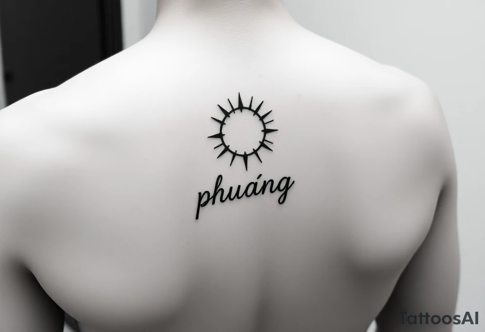 Word "phuong" written vertical with sun inner arm tattoo idea