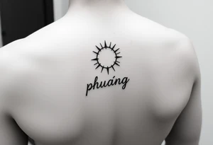 Word "phuong" written vertical with sun inner arm tattoo idea