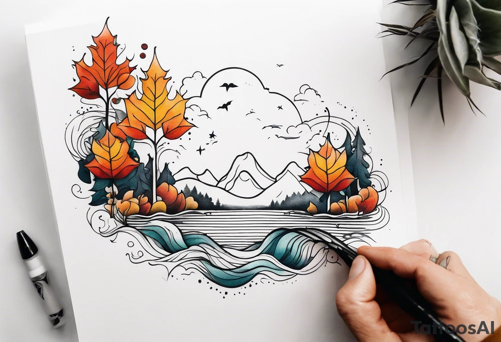 Knee tattoo with fall colors showing leaves, water flow and sky tattoo idea