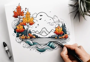 Knee tattoo with fall colors showing leaves, water flow and sky tattoo idea