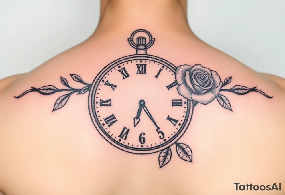 Clock showing 12:56 with rose tattoo idea
