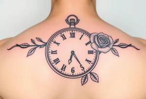 Clock showing 12:56 with rose tattoo idea