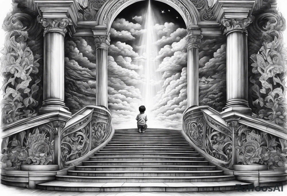grand winding stairway to heaven with little boy praying in front tattoo idea