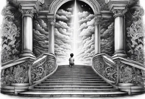 grand winding stairway to heaven with little boy praying in front tattoo idea