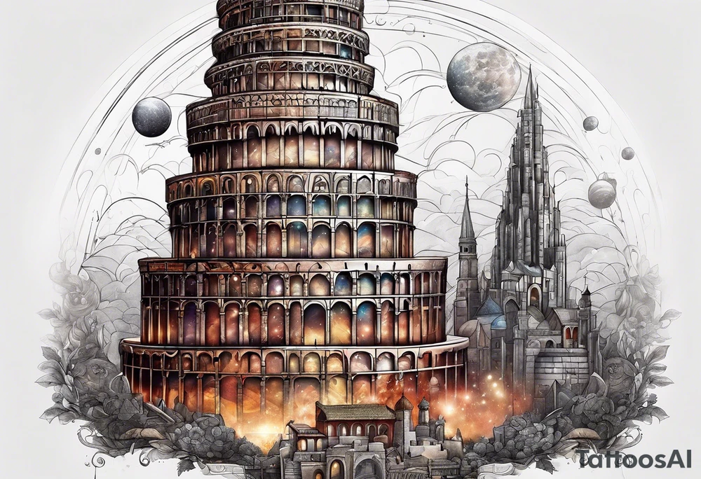 Babel tower with a cosmic background tattoo idea