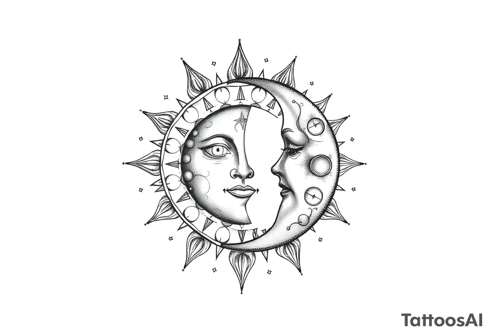 celestial sun and moon embrace with constellation patterns tattoo idea