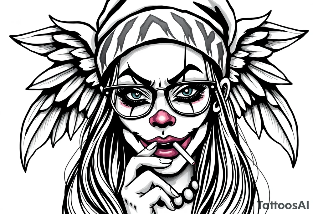 beautiful long hair Clown Girl thug beanie eyeglasses angel wings smoking cigarette tattoo idea