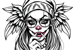 beautiful long hair Clown Girl thug beanie eyeglasses angel wings smoking cigarette tattoo idea