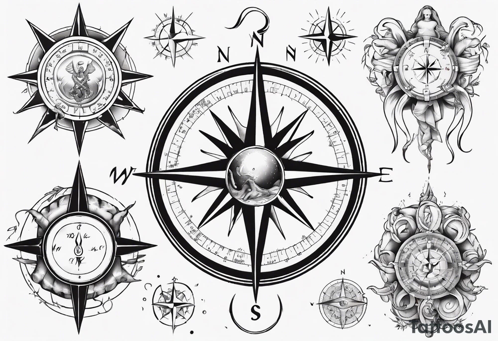 Compass tatoo with sun, Gemini , angels and snake tattoo idea