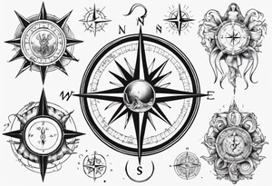 Compass tatoo with sun, Gemini , angels and snake tattoo idea