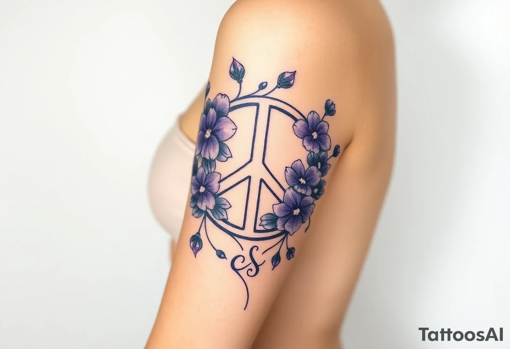 peace symbol intertwined with violets Pisces symbol, dog prints, amethyst, initials csb in cursive font tattoo idea