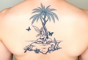 A blonde fairy sitting under a palm tree on an island with a blue butterfly, a hummingbird, and a squirrel tattoo idea