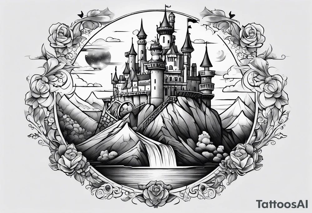 The words "Why not now?" are surrounded by Howel's moving castle tattoo idea