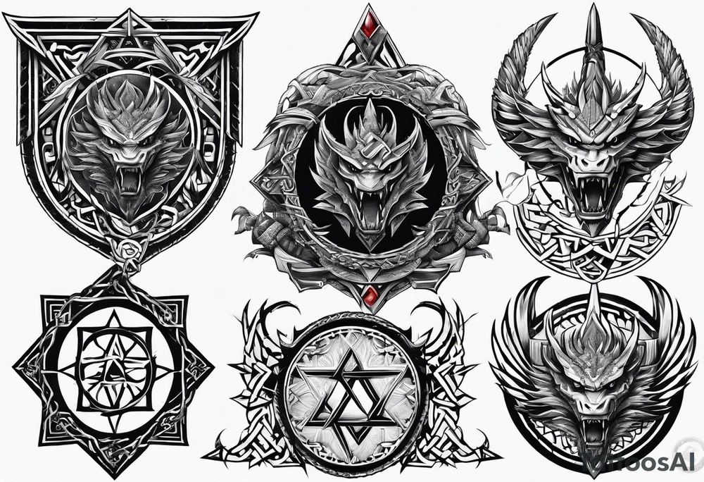 Valhalla sword shield dragon axe Valknut barbed wire chains tribal tattoo idea Valhalla sword shield dragon axe Valknut barbed wire chains tribal tattoo idea