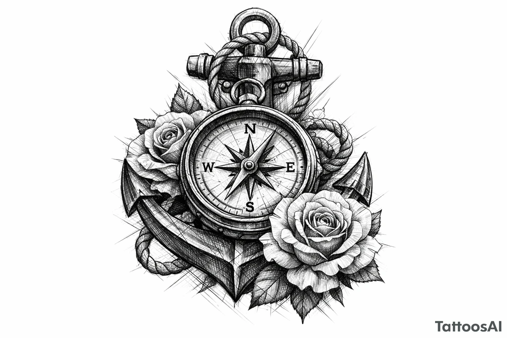 a compass,anchor,roses. tattoo idea