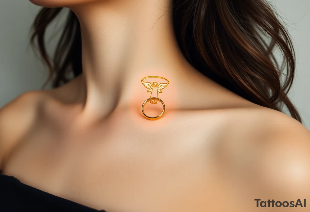 A golden wedding band floating within an angelic halo, glowing softly. tattoo idea