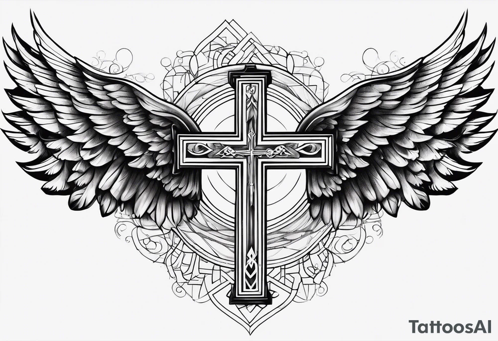 angel wings tattoo with a cross and the letters DJ in it tattoo idea
