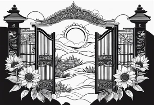 Bali gates black and grey with sunflower tattoo idea