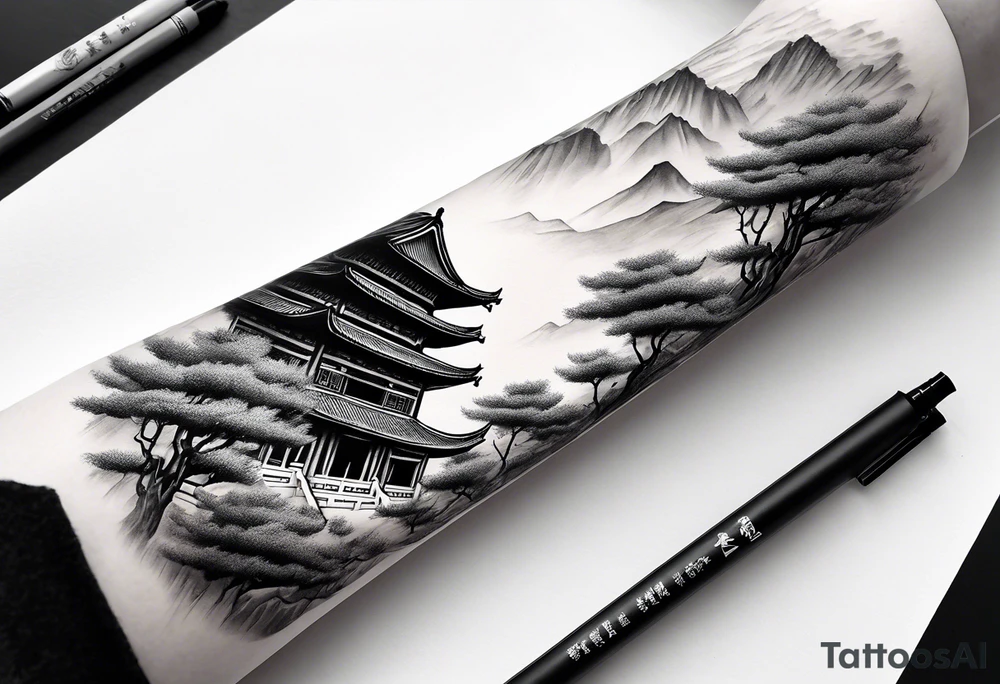 forearm sleeve traditional chinese art painting style autumn mountains mist fog water Chinese temple female with pony tail wearing robes meditating in the distance tattoo idea