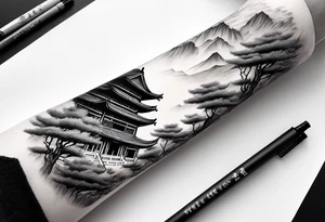 forearm sleeve traditional chinese art painting style autumn mountains mist fog water Chinese temple female with pony tail wearing robes meditating in the distance tattoo idea