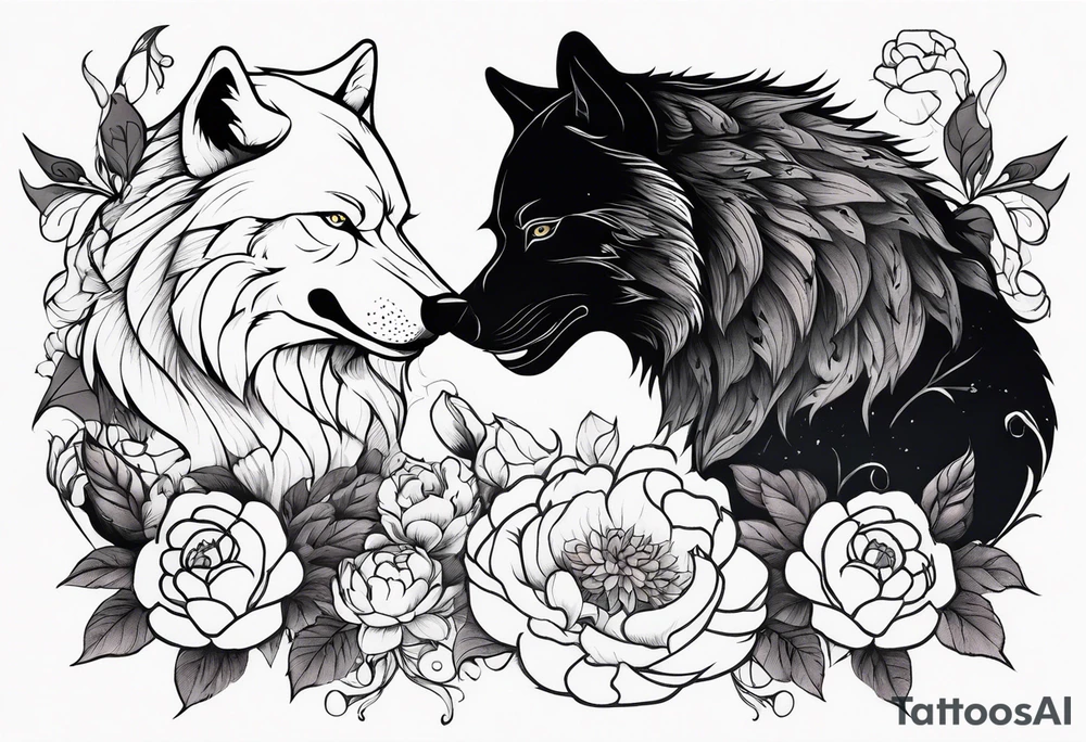 Wolf fighting with bear with peonies and smoke tattoo idea Wolf fighting with bear with peonies and smoke tattoo idea