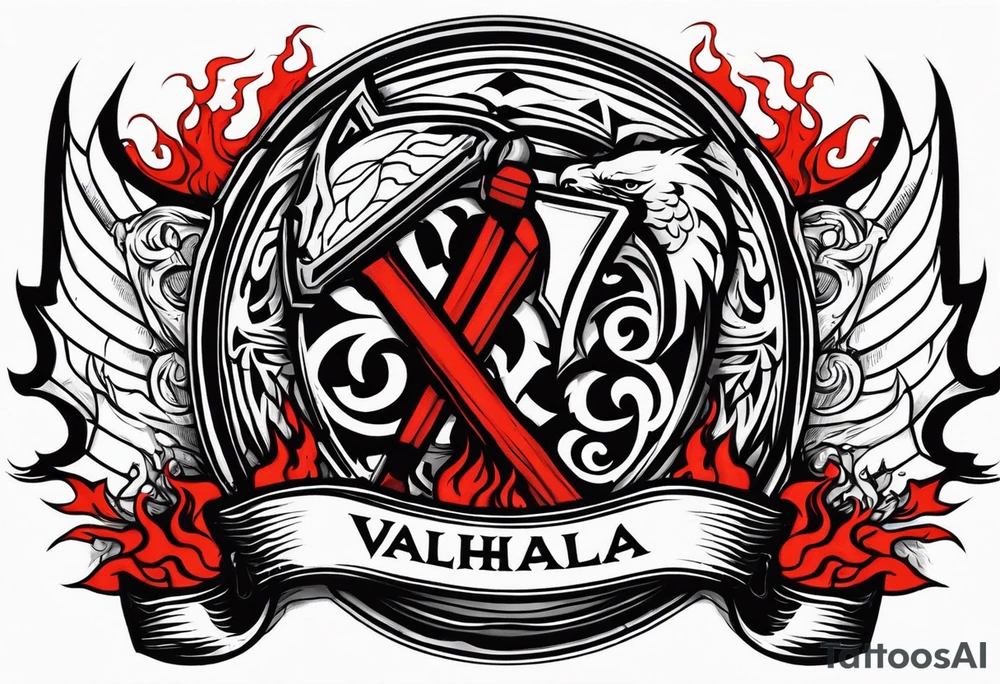 valhalla on fire blood
sword shield axe tattoo idea