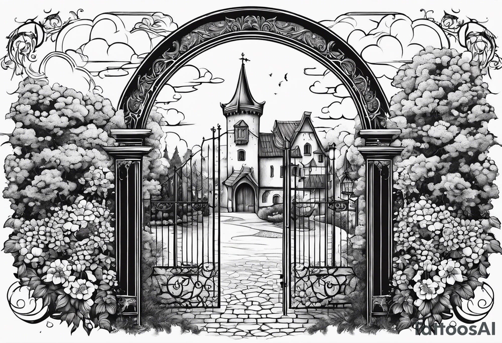 night medieval town garden gate entrance 
 in circle vignette surrounded by clouds floral tattoo idea