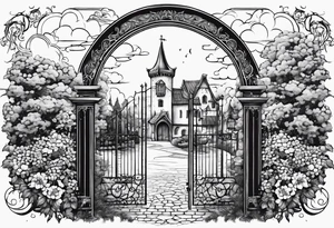 night medieval town garden gate entrance 
 in circle vignette surrounded by clouds floral tattoo idea