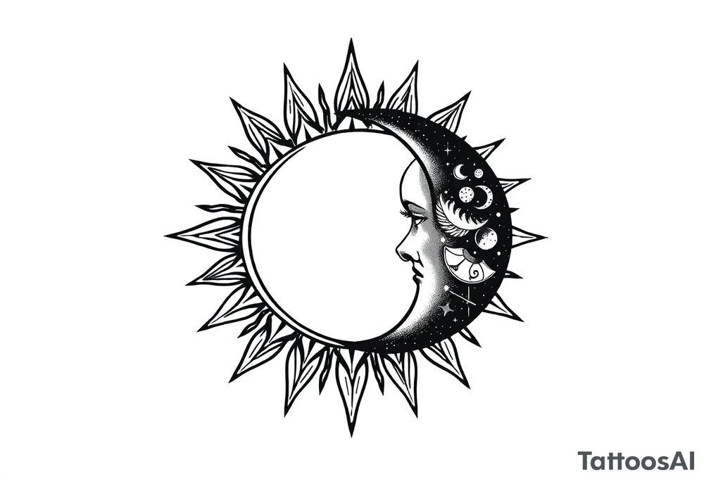 celestial sun and moon embrace with constellation patterns tattoo idea