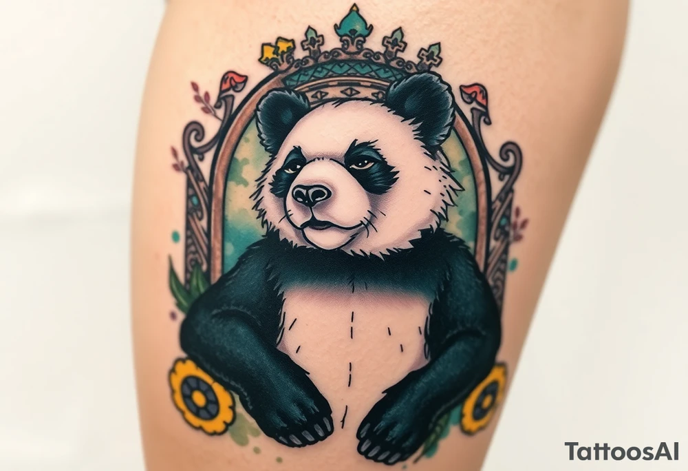 powerful superior panda with a crown, sexy princess on a throne looking down at her worshippers tattoo idea